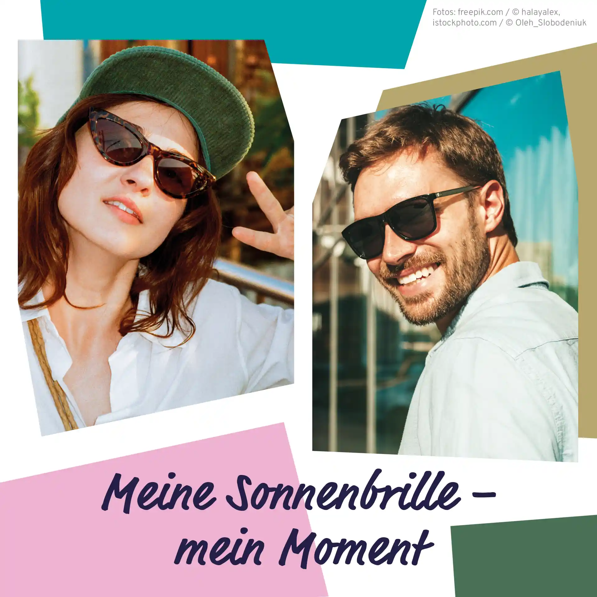 Collage: Junge Frau und junger Mann mit Sonnenbrille