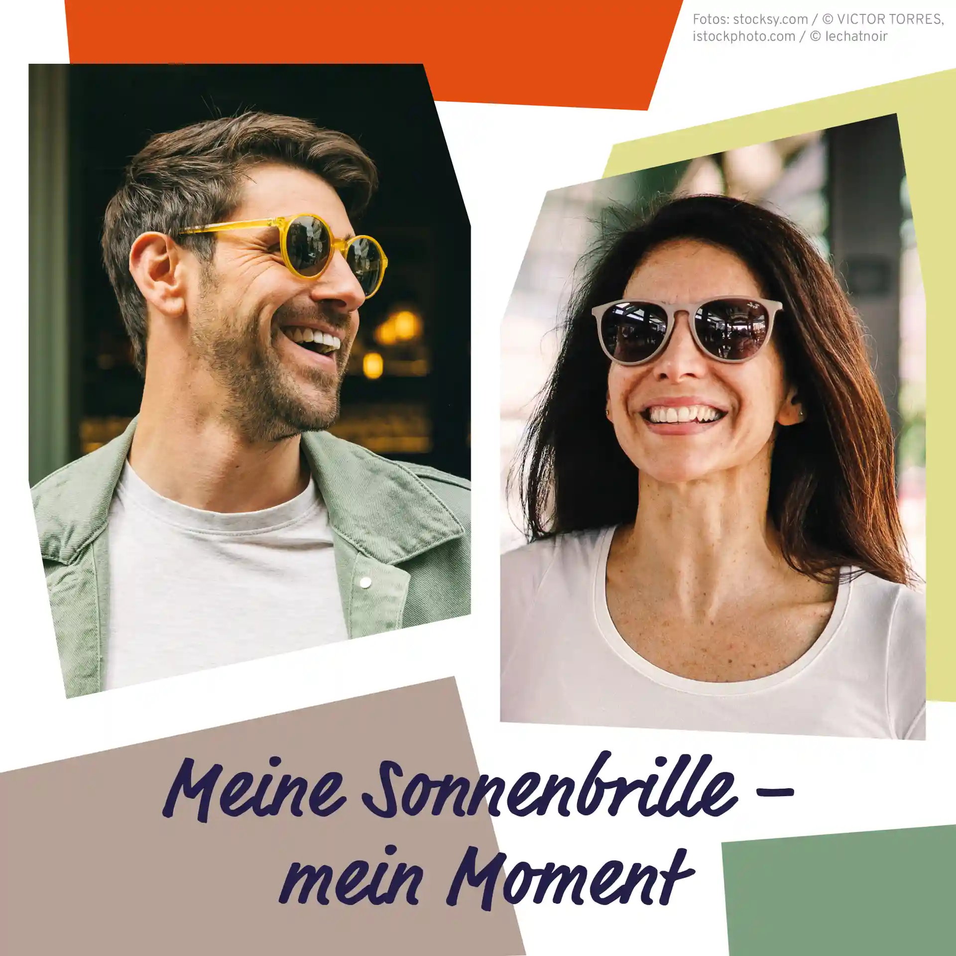 Collage: Frau und Mann lächelnd mit Sonnenbrille
